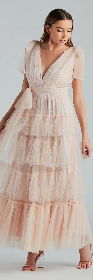 Adele Pearl Detail Ruffle Tulle Formal Dress
