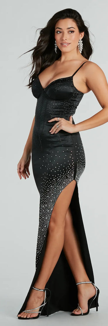 Kelani Formal V-Neck Rhinestone Satin Dress