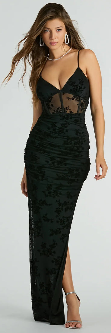 Mira Formal Velvet Flocked Corset Long Dress