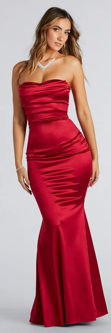 Steal the spotlight in the Priscilla Formal Satin Strapless Mermaid Dress in red, a fiery pick from the red homecoming dresses collection designed for bold entrances.