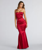 Make a statement in the Priscilla Formal Satin Strapless Mermaid Dress, a bold red prom dress designed to exude confidence, elegance, and a striking prom-night look.