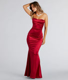 Make a statement in the Priscilla Formal Satin Strapless Mermaid Dress, a bold red prom dress designed to exude confidence, elegance, and a striking prom-night look.