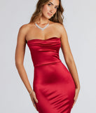 Make a statement in the Priscilla Formal Satin Strapless Mermaid Dress, a bold red prom dress designed to exude confidence, elegance, and a striking prom-night look.