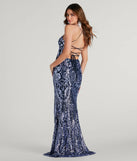 Own every entrance in the Rowena Sequin Mermaid Dress, a navy blue party dress perfect for milestone birthdays and grad parties, or dancing through summer nights and unforgettable bachelorette celebrations.