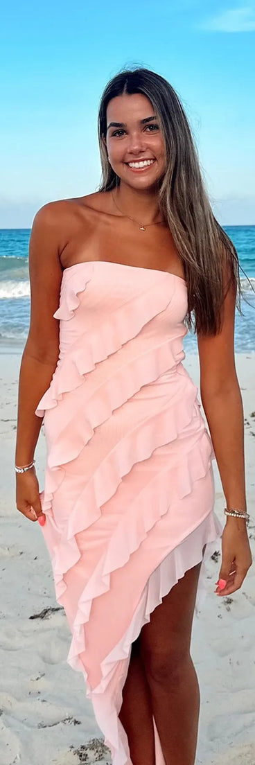 Feel ready for every dance floor moment or feed-worthy reel in the Gabby Formal Mesh Strapless Ruffle Long Dress, a pink homecoming dress designed to own your moment.