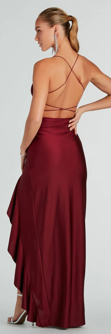 Lainey Ruffled High Slit Long Formal Dress in burgundy, a stylish red dress with a flattering fit and fabric that adds allure to your look, perfect for wedding guest attire, cocktail events, or making a bold statement on a date night.