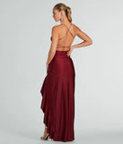 Lainey Ruffled High Slit Long Formal Dress in burgundy, a stylish red dress with a flattering fit and fabric that adds allure to your look, perfect for wedding guest attire, cocktail events, or making a bold statement on a date night.
