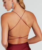 Celebrate in style with the Lainey Ruffled High Slit Long Formal Dress, a burgundy formal wedding guest dress featuring an elegant silhouette and luxe details, perfect for a black-tie celebration.