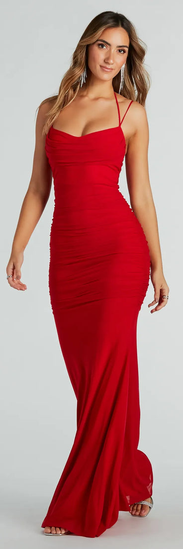 Turn heads at Prom 2025 in this red prom dress, where statement-making details meet the iconic style of the Jae Formal Mesh Ruched Mermaid Long Dress .
