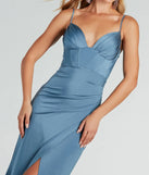 You'll look stunning in the Kylie Formal Knit Corset Mermaid Long Dress, a denim formal dress designed to create an effortless yet standout look as women's formal holiday attire, work party outfit, or NYE dress.