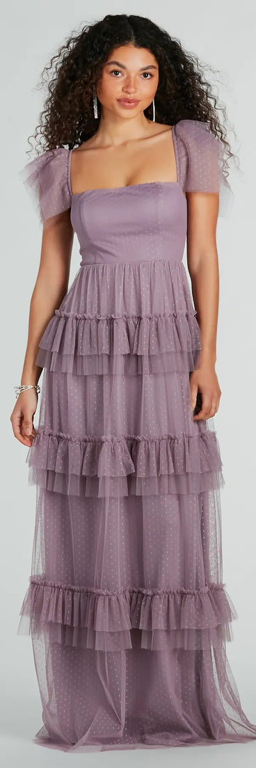 Turn heads at Prom 2025 in this lavender prom dress, where statement-making details meet the iconic style of the Arylee Polka Dot A-Line Ruffle Tulle Formal Dress .