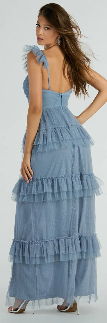 Revamp your 2025 wardrobe with this chic addition, the Gillian Sleeveless Ruffled A-Line Tulle Formal Dress in blue, perfect for elevating your style in the new year.