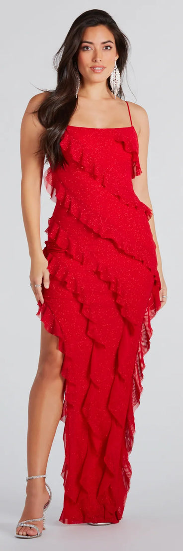 Janelle Ruffle High Slit Glitter Mesh Formal Dress