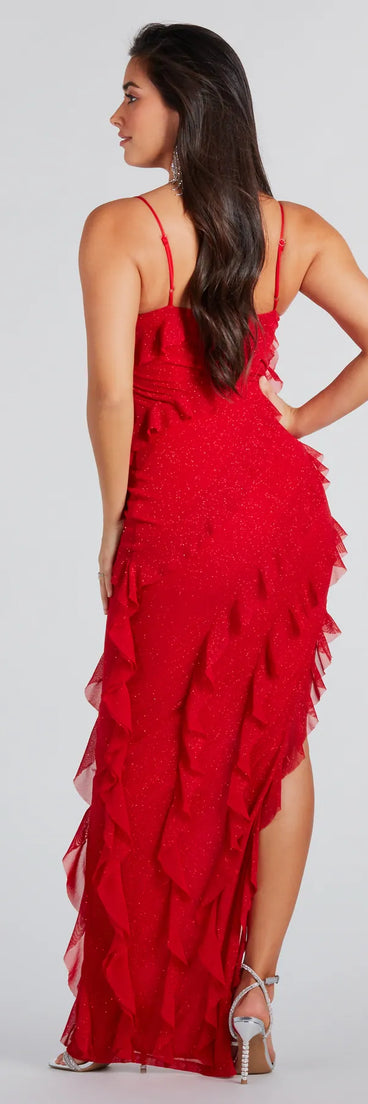 Janelle Ruffle High Slit Glitter Mesh Formal Dress