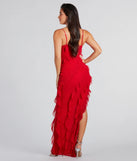 Janelle Ruffle High Slit Glitter Mesh Formal Dress