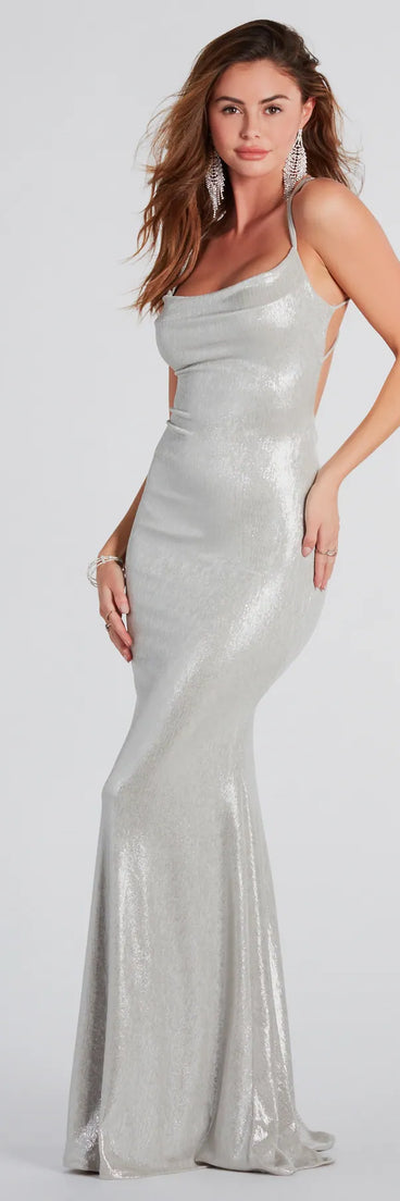 Celebrate in style with the Kate Formal Metallic Open Back Mermaid Dress, a silver formal wedding guest dress featuring an elegant silhouette and luxe details, perfect for a black-tie celebration.