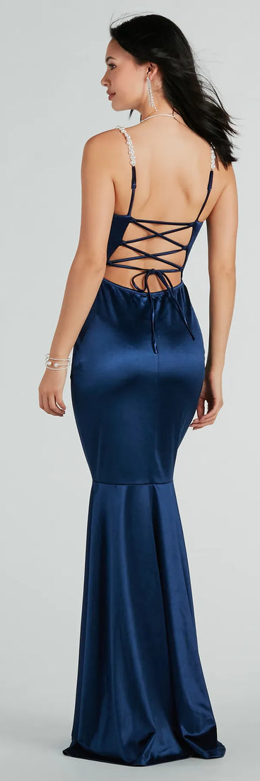 Devina Formal Satin Faux Pearl Lace-Up Dress