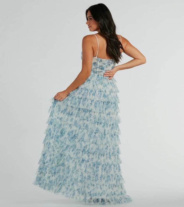 Own every entrance in the Halle Corset Ruffle A-Line Floral Formal Dress, a light blue party dress perfect for milestone birthdays and grad parties, or dancing through summer nights and unforgettable bachelorette celebrations.