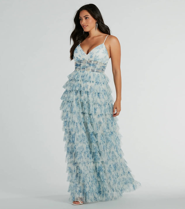 Own every entrance in the Halle Corset Ruffle A-Line Floral Formal Dress, a light blue party dress perfect for milestone birthdays and grad parties, or dancing through summer nights and unforgettable bachelorette celebrations.