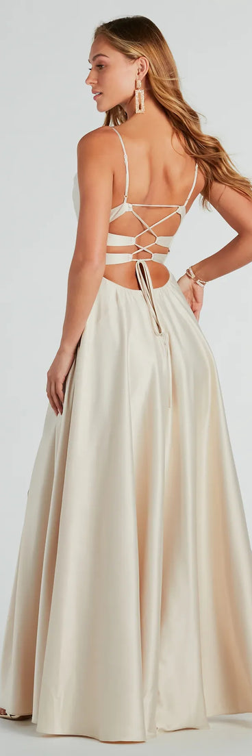 The Winslow Formal Satin Lace-Up Dress in luxe gold fabric, a stunning prom dress with statement details designed to make a bold impression at Prom 2025.