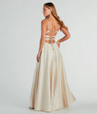 The Winslow Formal Satin Lace-Up Dress in luxe gold fabric, a stunning prom dress with statement details designed to make a bold impression at Prom 2025.