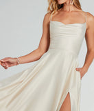 The Winslow Formal Satin Lace-Up Dress in luxe gold fabric, a stunning prom dress with statement details designed to make a bold impression at Prom 2025.