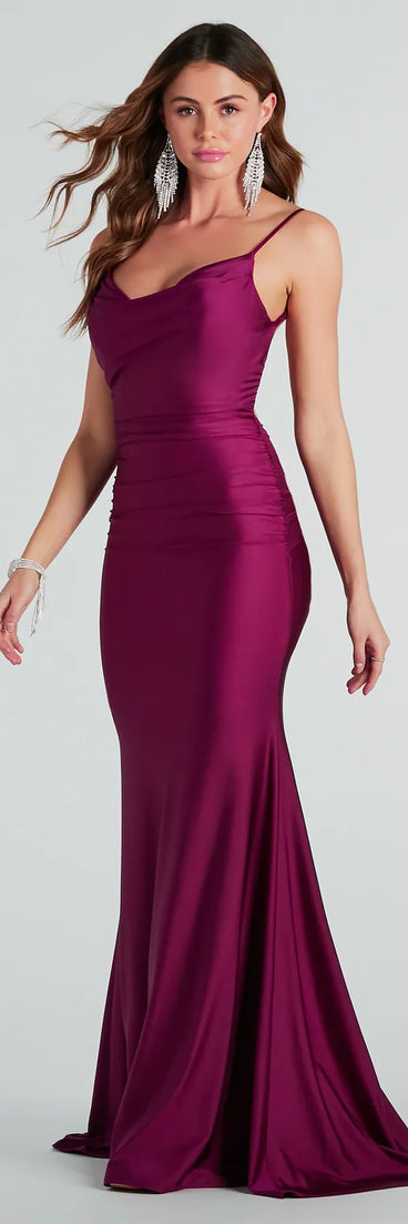 You'll feel stylish and confident in the Reagan Formal Satin Low Back Mermaid Dress as your Winter Formal Dress to stand out at your dance or event.