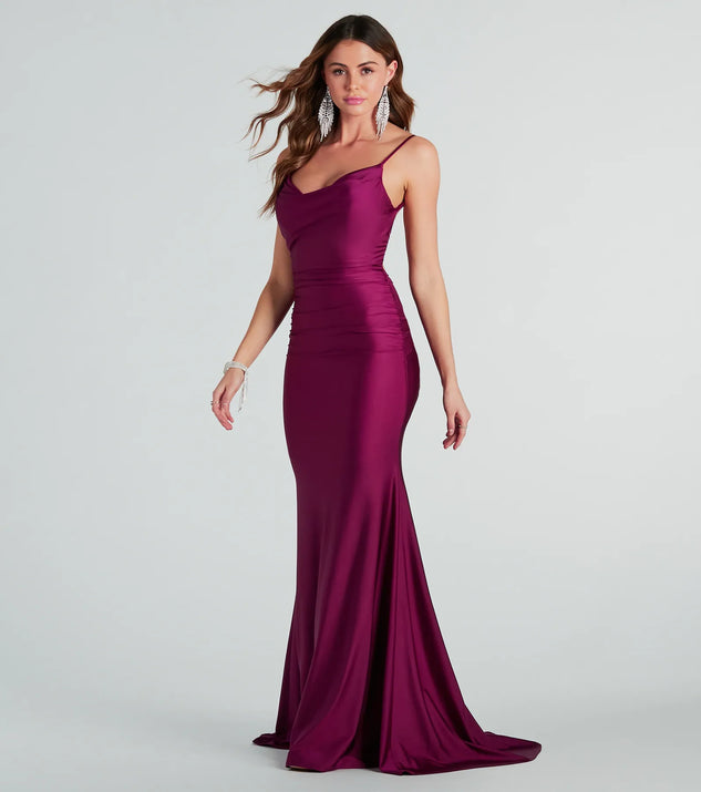 You'll feel stylish and confident in the Reagan Formal Satin Low Back Mermaid Dress as your Winter Formal Dress to stand out at your dance or event.