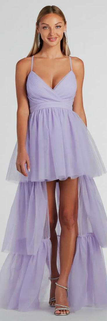You'll feel stylish and confident in the Ophelia V-Neck High Low Ruffle Tulle Formal Dress as your Winter Formal Dress to stand out at your dance or event.