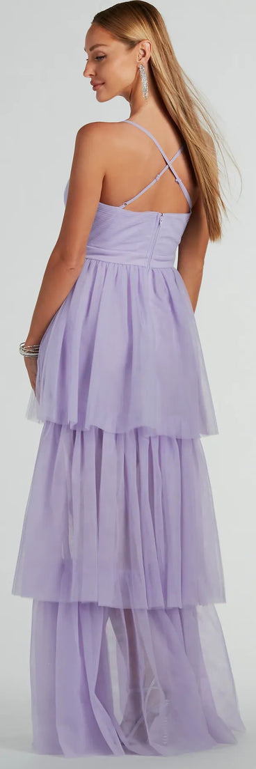 You'll feel stylish and confident in the Ophelia V-Neck High Low Ruffle Tulle Formal Dress as your Winter Formal Dress to stand out at your dance or event.