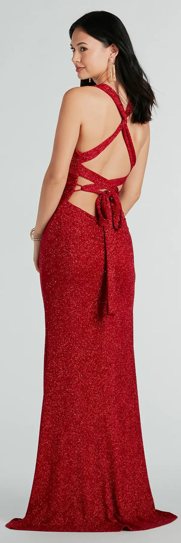 Kat Formal Glitter Lace-Up Long Dress in red, a stylish red dress with a flattering fit and fabric that adds allure to your look, perfect for wedding guest attire, cocktail events, or making a bold statement on a date night.