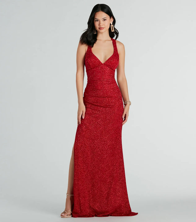 sparkly long red dress Kat Formal Glitter Lace-Up Column Dress