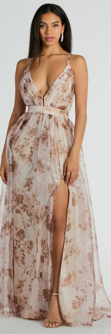 You'll be the best dressed in the Clarissa V-Neck Rose Floral A-Line Formal Gown as your winter formal dress with beautiful and unique details from Windsor.