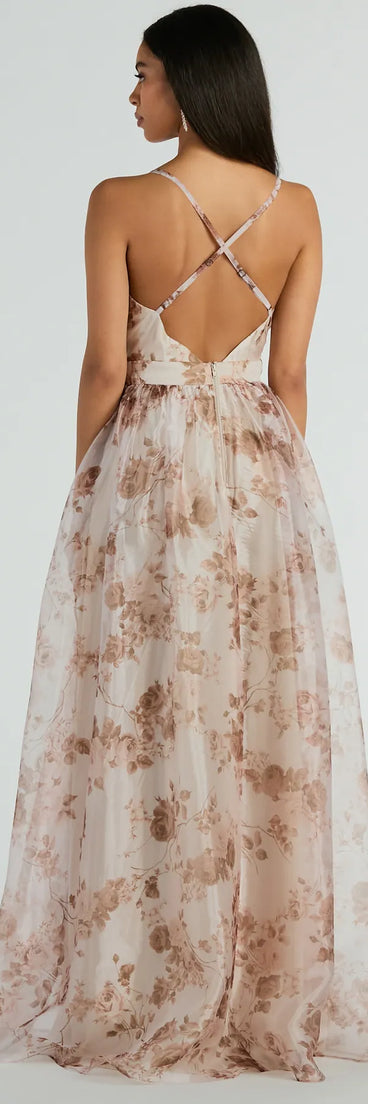 You'll be the best dressed in the Clarissa V-Neck Rose Floral A-Line Formal Gown as your winter formal dress with beautiful and unique details from Windsor.