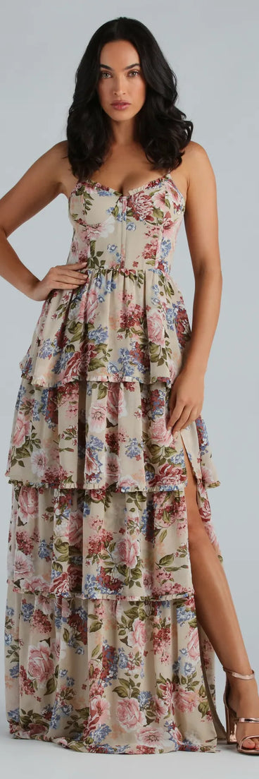 Natalie Formal Chiffon Floral Ruffle A-Line Dress