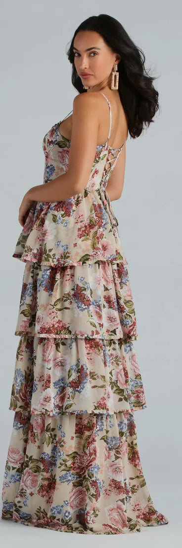 Natalie Formal Chiffon Floral Ruffle A-Line Dress