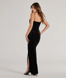 Celebrate in style with the Myah Sleeveless High-Slit Velvet Cutout Dress, a black formal wedding guest dress featuring an elegant silhouette and luxe details, perfect for a black-tie celebration.