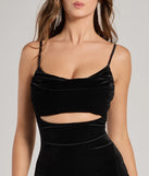 Make a bold statement in the Myah Sleeveless High-Slit Velvet Cutout Dress in black, the perfect spring dress for weddings, cocktail hours, nights out, and/or seasonal celebrations.