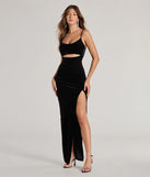 Whether it's the color or silhouette of the Myah Sleeveless High-Slit Velvet Cutout Dress, this black bridesmaid dress is a gorgeous pick for a maid-of-honor or to create a bridal party look ready to celebrate!