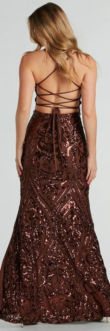 Maura Lace-Up Mermaid Sequin Mesh Formal Dress