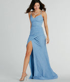 Turn heads at Prom 2025 in this light blue prom dress, where statement-making details meet the iconic style of the Lexis Lace-Up Slit Mermaid Glitter Formal Dress .