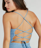 Step into Prom 2025 in a light blue prom dress, where unique Windsor accents and the standout Lexis Lace-Up Slit Mermaid Glitter Formal Dress style come together.