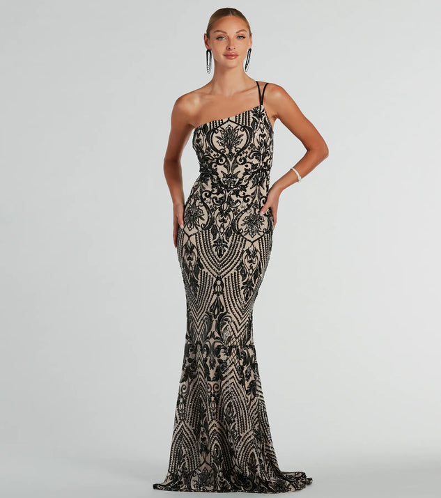 You'll be the best dressed in the Sarah One-Shoulder Mermaid Sequin Formal Dress as your fall formal dress with beautiful and unique details from Windsor.