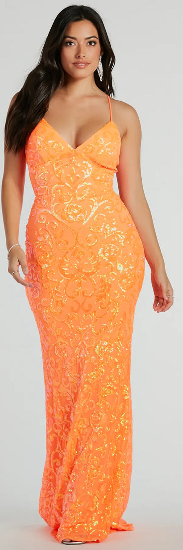 You'll feel stylish and confident in the Cynthia Lace Up Mermaid Sequin Formal Dress as your Winter Formal Dress to stand out at your dance or event.