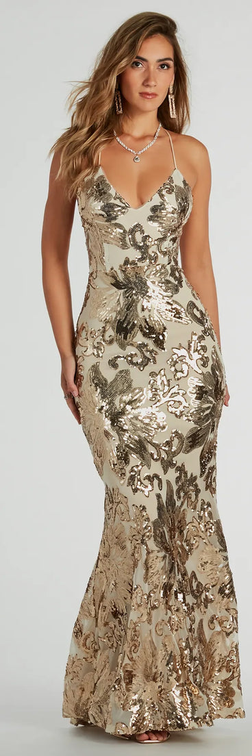 The Alison Lace-Up Mermaid Sequin Formal Dress as your wedding guest dress with a stylish neckline and/or sleeves and elevated details on the back and front will make you the best dressed at any event!