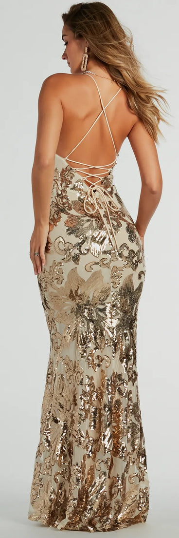 The Alison Lace-Up Mermaid Sequin Formal Dress as your wedding guest dress with a stylish neckline and/or sleeves and elevated details on the back and front will make you the best dressed at any event!