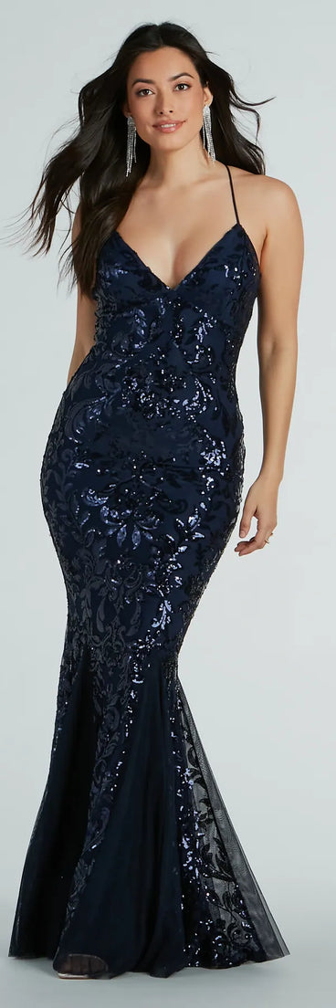 Make the big day unforgettable with the Julianne V-Neck Mermaid Tulle Sequin Formal Dress, a gorgeous navy blue bridesmaid dress that balances elegance and affordability.