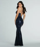 The Julianne V-Neck Mermaid Tulle Sequin Formal Dress is an elegant navy blue formal dress in a rich seasonal color and with unique design accents that make dressing up for graduation photoshoots, military balls, or Prom 2025 effortless!