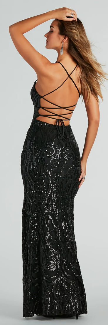 The Saige Formal Sequin Lace-Up Mermaid Dress is a show-stopping black prom dress, offering a sleek, slimming silhouette that enhances your natural beauty for an unforgettable night.