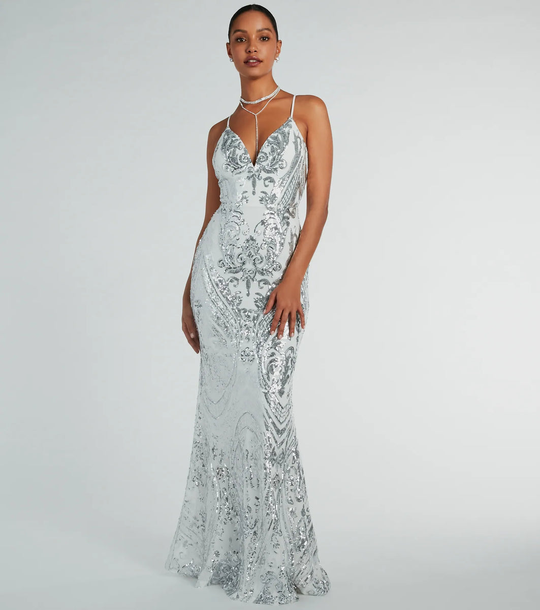 Lace-Up Mermaid Sequin Formal Maxi Dress Ivory